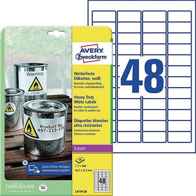 Wetterfeste Etiketten Avery Zweckform L4778-20, 45,7x21,2mm (LxB), weiß, 960 St.