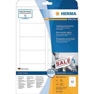 Etiketten Herma 10010 Movables, 88,9 x 46,6mm (LxB), ablösbar, weiß, 300 Stéck
