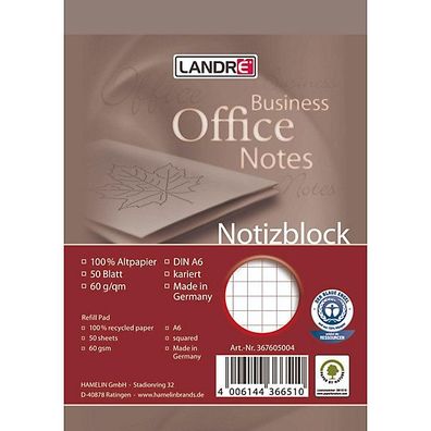 Landré Notizblock 100050295, DIN A6, kariert, 50 Blatt, 60 g/m² 10Stück