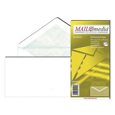 MAILmedia Briefumschlag 30123545, ohne Fenster, gummiert, DL, weiß, 25 Stück
