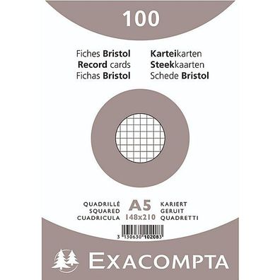 Karteikarten Exacompta 10208E, DIN A5, kariert, 205g/ qm, weiß, 100 Stück