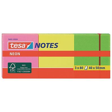 Haftnotizen Tesa 56001 Neon Notes, 40 x 50mm, 3 x 80 Blatt, sortiert, 4 Stück