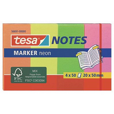 tesa Haftnotiz Marker Notes neon 56691-00000-01, 4 x 50 Blatt, 4farbig sortiert