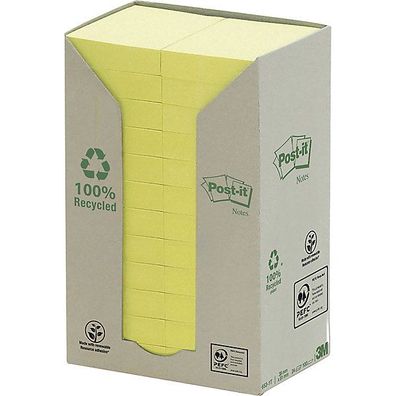 Haftnotizen Post-it Recycling 653-1T, 51 x 38 mm, 24 Blöcke Ã  100 Blatt, gelb