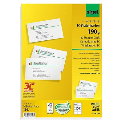 Visitenkarten Sigel 3C LP790, 85 x 55mm, 190g, weiß, glatte Kanten, 100 Stück