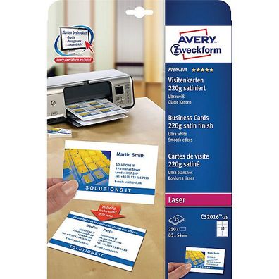 Premium Visitenkarten Avery Zweckform C32016-25, 85x54mm, 220g, satiniert, 250St