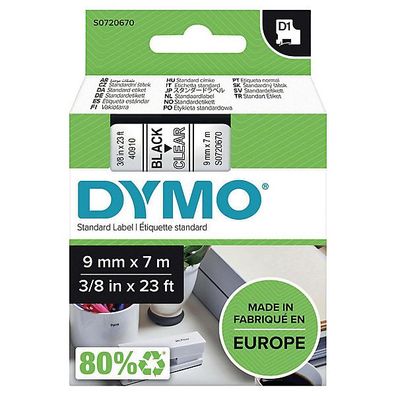 Schriftband Dymo D1 40910, Breite: 9mm, schwarz auf transparent