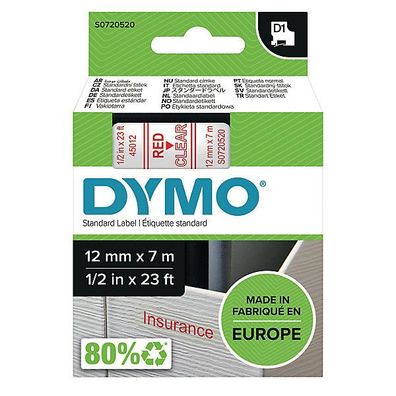 Schriftband Dymo D1 45012, Breite: 12mm, rot auf transparent