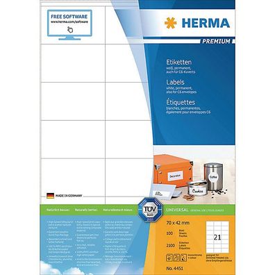 Etiketten Herma 4451 Premium, 70 x 42mm (LxB), weiß, 2100 Stück
