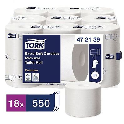 Toilettenpapier Tork 472139 Midi hülsenlos, 3-lagig, 550 Blatt, weiß, 18 Rollen