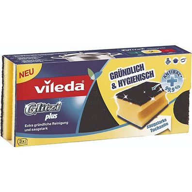 Schwamm Vileda, Glitzi Plus, Antibac, 9 x 7 x 4,5 cm, schwarz/ gelb/ blau, 3 Stéck