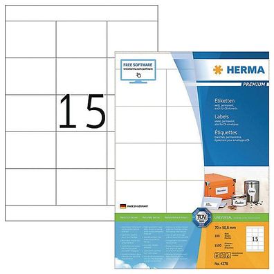Universal-Etiketten Herma 4278, 70 x 50,8mm (LxB), weiß, 1500 Stéck