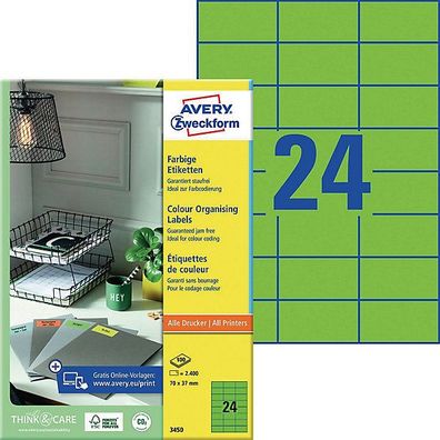 Etiketten Avery Zweckform 3450, 70 x 37mm (LxB), grün, 100Bl/2.400 Stück