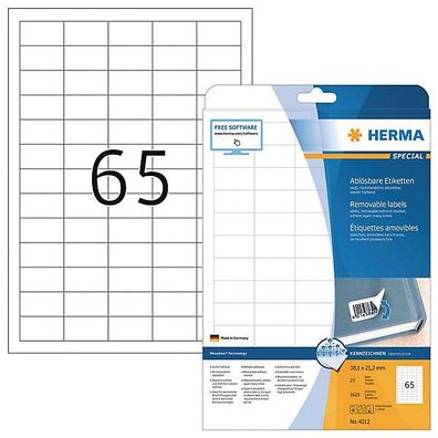 Etiketten Herma 4212 Movables, 38,1 x 21,2mm (LxB), ablösbar, weiß, 1625 Stück