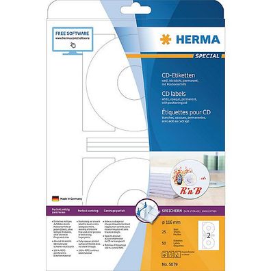 CD/ DVD-Etiketten Herma 5079, D 116mm, blickdicht, weiß, 50 Stück