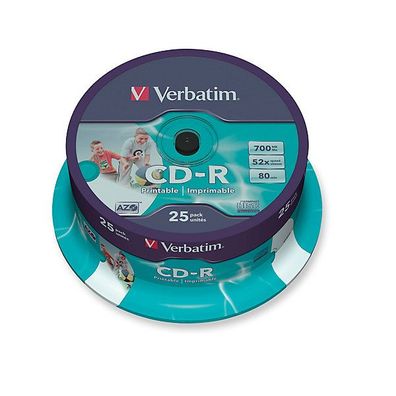CD-R Verbatim 43439, 700MB, 80Min, 52x, bedruckbar, Spindel mit 25 Stück