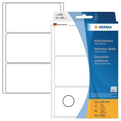 Universal-Etiketten Herma 2500, 52 x 100mm (LxB), weiß, 96 Stück
