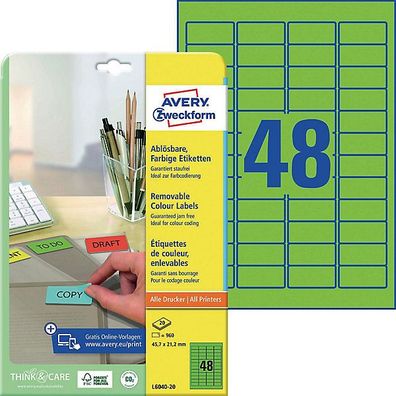 Mini-Etiketten Avery Zweckform L6040, 45,7 x 21,2mm (LxB), grün, 20Bl/960 Stück