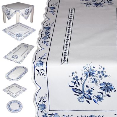 Plauener Spitze Küchendecke Tischdecke Tischläufer Deckchen Weiß Zwiebelmuster Blau