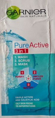 Garnier PureActive 3in1 Gesichts Reinigung Peeling Maske 4ml Reisegröße