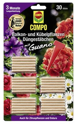 COMPO Balkon- und Kübelpflanzen Düngestäbchen mit GUANO 30 Stück Packung