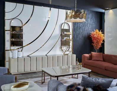 Luxus Möbel Wohnzimmer Sideboard Holz mit Metall neu beige Stil Modern