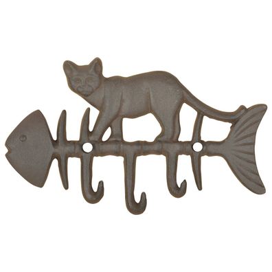 Esschert Design Garderobenleiste Katze auf Fisch mit 3 Haken - Gusseisen