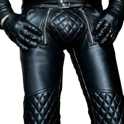 Black Real Leather Quilted Pants Motorbike Biker Rider Jeans Style Gay Pants