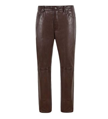 Men 501 Leather Pant Biker Motorcycle Jeans Real Leather Trousers 5 Pocket Brown