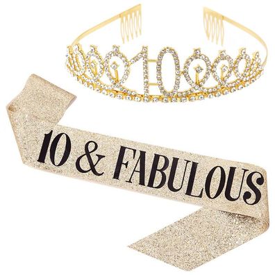 10 and Fabulous Belt and Rhinestone Tiara Set - 10th Birthday Belt, Gold