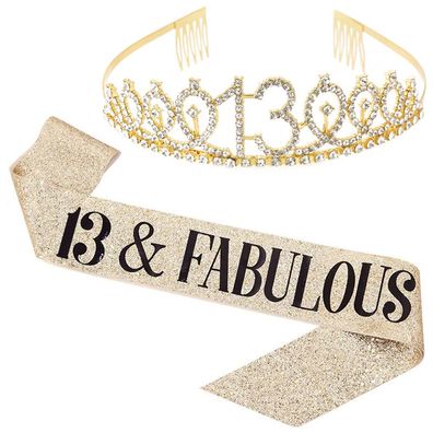 13 and Fabulous Belt and Rhinestone Tiara Set - 13th Birthday Belt, Gold