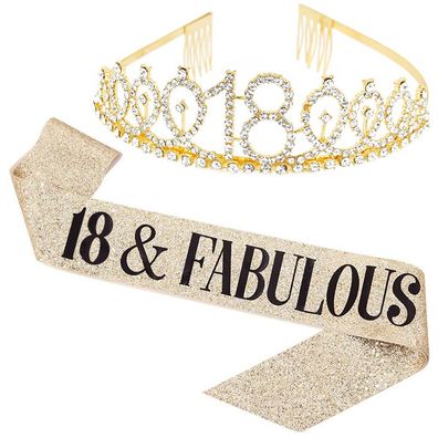18 and Fabulous Belt and Rhinestone Tiara Set - 18th Birthday Belt, Gold