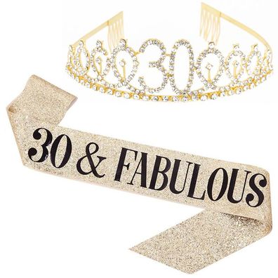 30 and Fabulous Belt and Rhinestone Tiara Set - 30th Birthday Belt, Gold