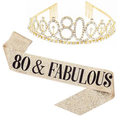 80 and Fabulous Belt and Rhinestone Tiara Set - 80th Birthday Belt, Gold