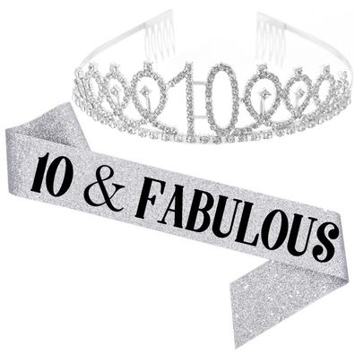 10 and Fabulous Belt and Rhinestone Tiara Set - 10th Birthday Belt, Silver