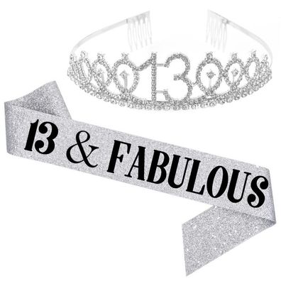 13 and Fabulous Belt and Rhinestone Tiara Set - 13th Birthday Belt, Silver