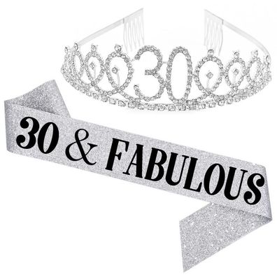 30 and Fabulous Belt and Rhinestone Tiara Set - 30th Birthday Belt, Silver