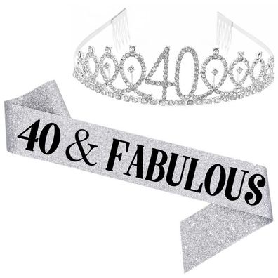 40 and Fabulous Belt and Rhinestone Tiara Set - 40th Birthday Belt, Silver