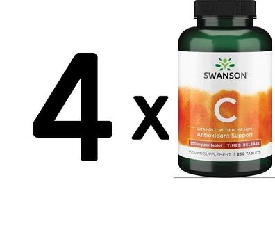 4 x Vitamin C with Rose Hips Timed-Release, 500mg - 250 tabs