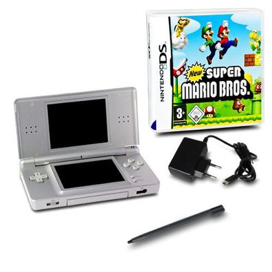 DS Lite Handheld Konsole silber #73A + Ladekabel + Spiel New Super Mario Bros.