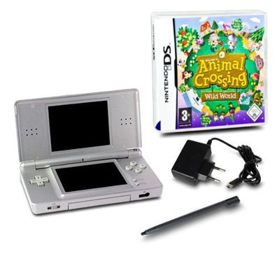 DS Lite Handheld Konsole Silber #73A + Kabel + Spiel Animal Crossing Wild World
