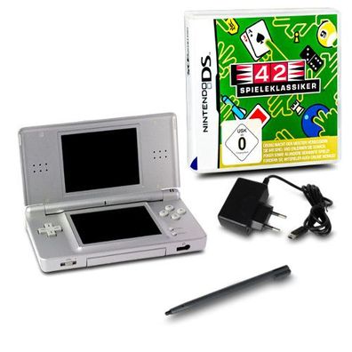 Nintendo DS LITE Konsole SILBER #73A + ähnl Ladekabel + Spiel 42 Spieleklassiker