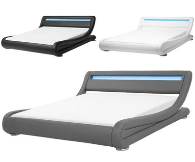 Lederbett mit LED 3 Farben gewelltes wellenförmiges Luxus Leder Bett Polsterbett