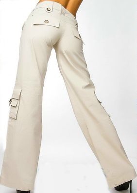 SeXy Miss Damen Cargo Style Taschen Sommer Stoff Hüft Hose T36 = 34 XS beige NEU