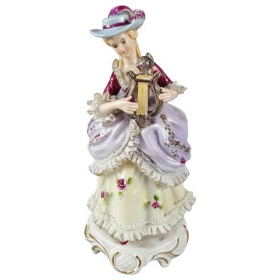 Figur Capodimonte Porzellan Dame mit Leierharfe Hut Kleid H 23 cm