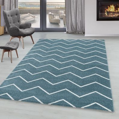 Kurzflor Teppich Wellen Linien Design Wohnzimmerteppich Kinderteppich Blau