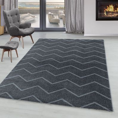 Kurzflor Teppich Wellen Linien Design Wohnzimmerteppich Kinderteppich Grau