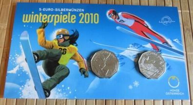 2 Stück 5 Euro Silbermünze im Folder: Winterspiele 2010 * Österreich * Vancouver