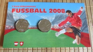 2 Stück 5 Euro Silbermünze im Folder: Fussball 2008 EM * handgehoben *