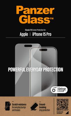PanzerGlass Screen Protector iPhone 15 Pro, Classic Fit